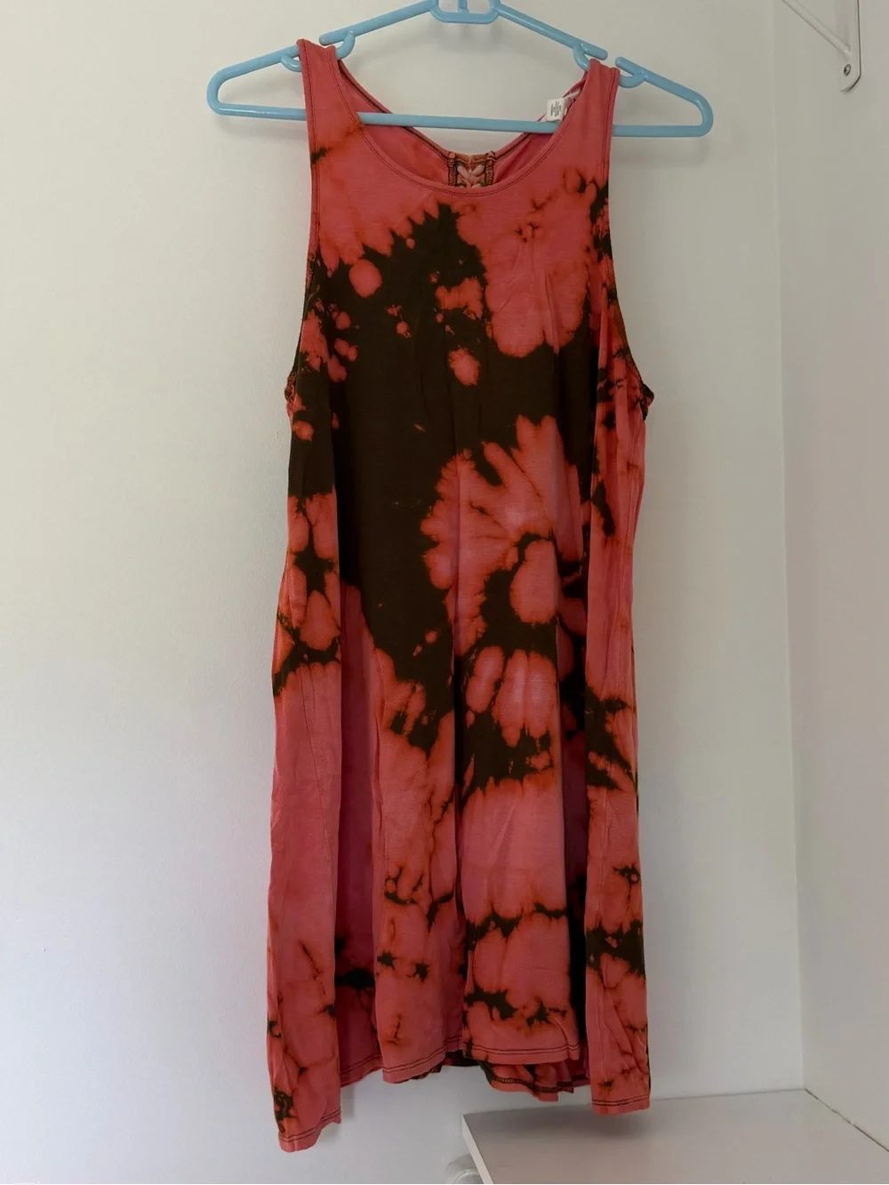 Forever 21 Pink and Black Tie-Dye Tunic Tank Top with Lace-Up Design Back